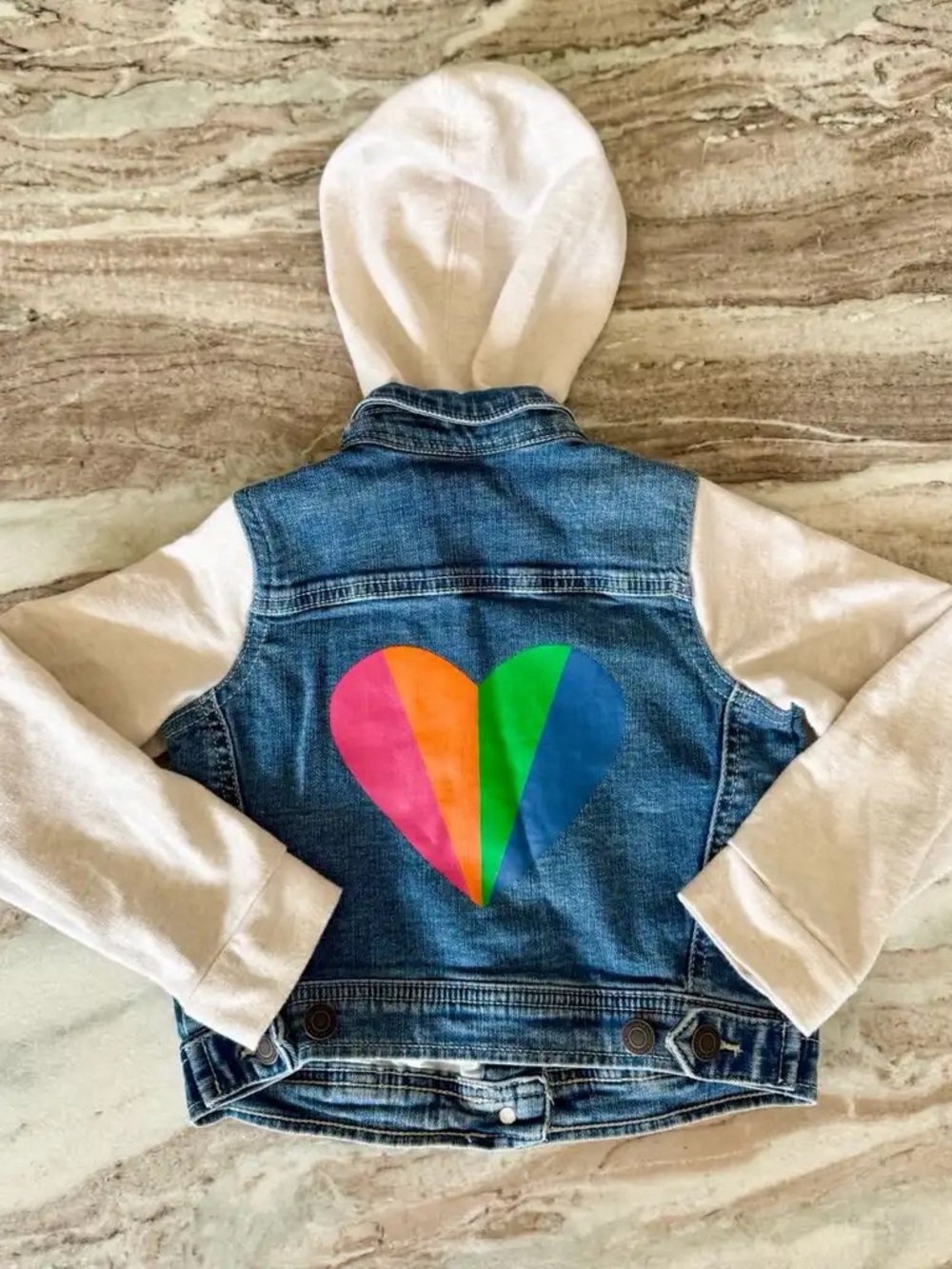 Girls' Multi-Color Heart Denim Hooded Jacket - Never Worn